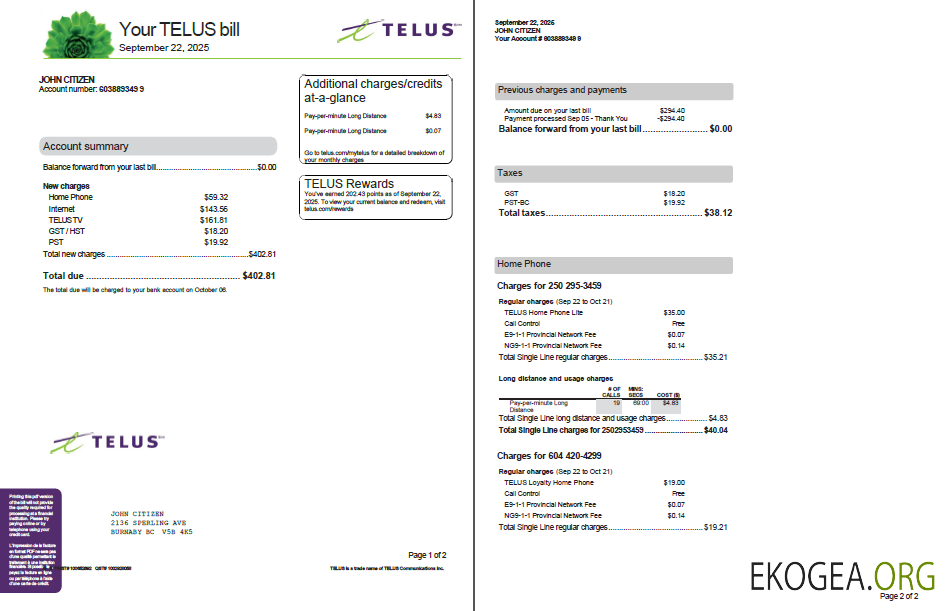 Canada Telus utility bill template in Word and PDF formats, 2 pages, version 3
